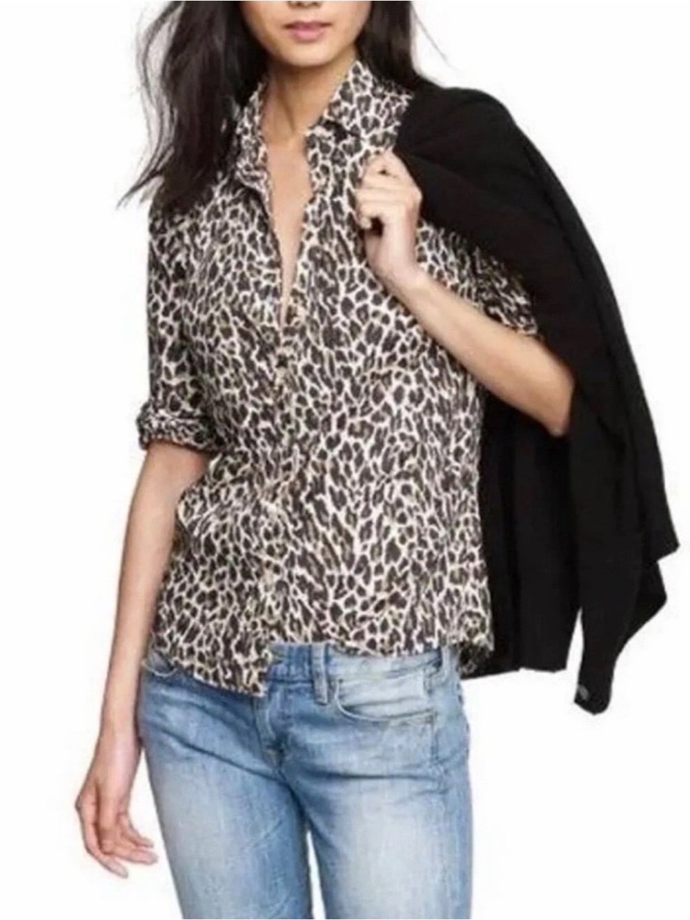 J Crew Perfect Shirt Slim Leopard Cheetah Print Linen Cotton Button Up Womens 8